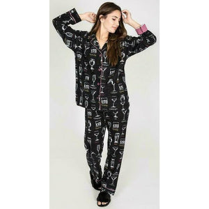 
            
                Load image into Gallery viewer, Woman in black great minds drink alike pj set sold at Pazazz shop online
            
        