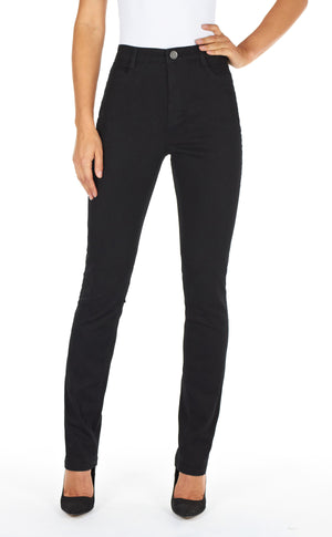 Black supreme denim, front view, Suzanne slim leg