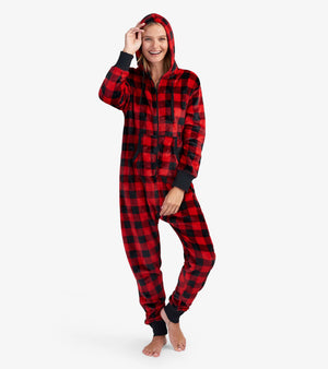 
            
                Load image into Gallery viewer, Woman in unisex buffalo plaid fleece jumpsuit with hood, shop ladies clothes at Pazazz
            
        