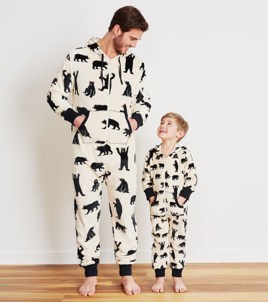 Man and boy in bear printed fleece jumpsuit for infants at Pazazz Shelburne