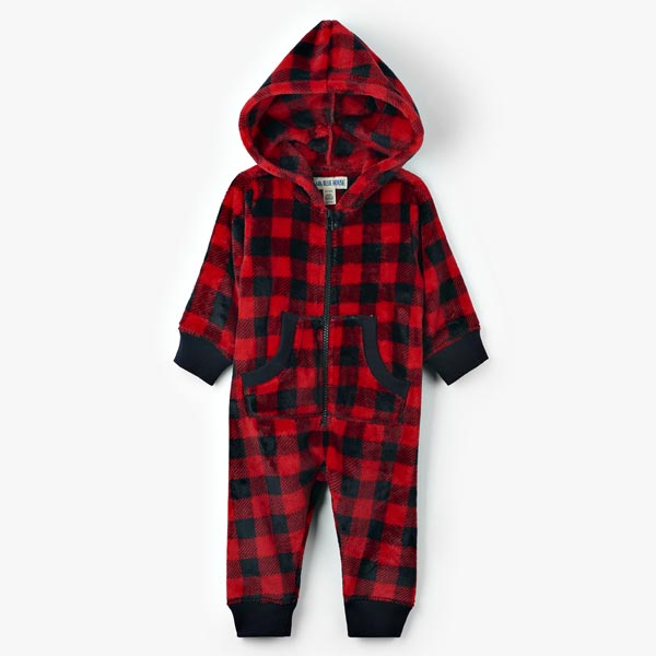 
            
                Load image into Gallery viewer, Flat lay of buffalo plaid infant fleece onesie shop Pazazz clothing
            
        